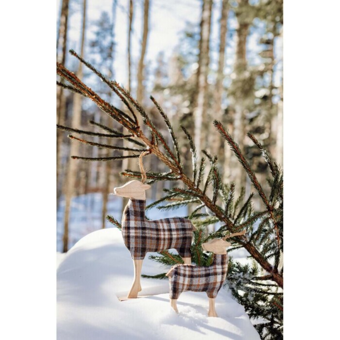 Set di 2 decorazioni a forma di cervo. Tartan rosso. Blanc Mariclo. Atelier Bologna