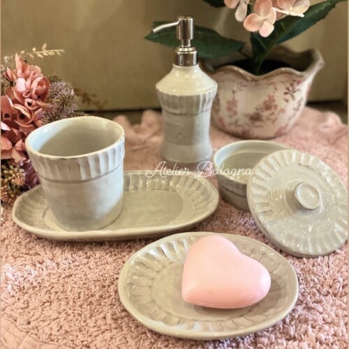 set 5 pezzi bagno Pietra Argilla, Made in Italy, Atelier Bologna, Virginia Ceramiche